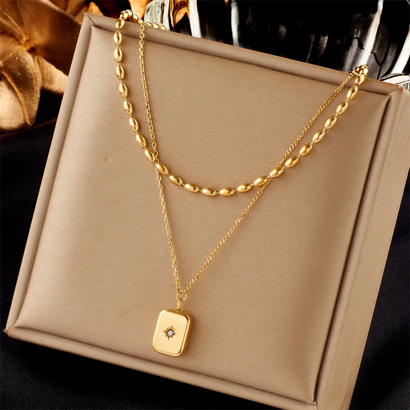 316L Stainless Steel Double Layer Square Bearded Star Pendant Necklace for Women Simple Temperament Jewelry Accessory