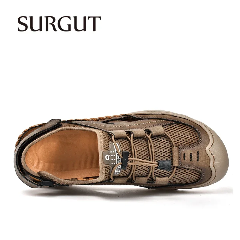 SURGUT Summer Men Shoes Mesh Leather Breathable Trend City Fashion Quick Drying Non Slip Outdoor Handmade Casual Shoes For Men