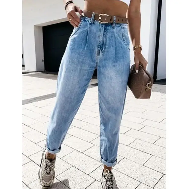 

High Waisted Waed Denim Jeans Women's Ele Sle Mid-Elastic l Waist Blue Color Other Fabrics Women's Pants