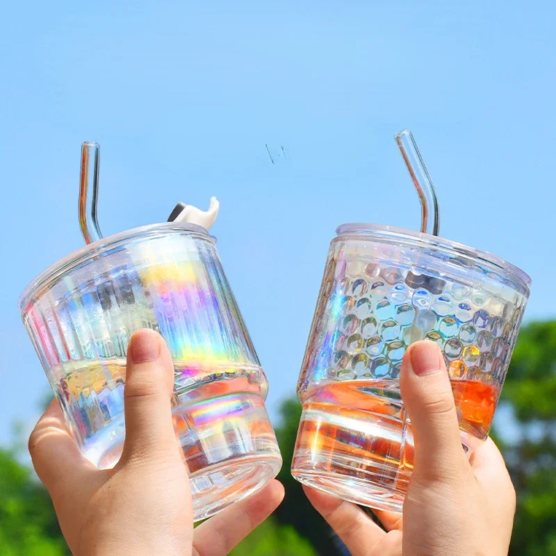 Lovely Girl Iridescent Glass Cup With Lid Straw For Coffee Water Wine Beer Juice Milk Tea Glass Cup Simple Ice Drinking Cup Gift