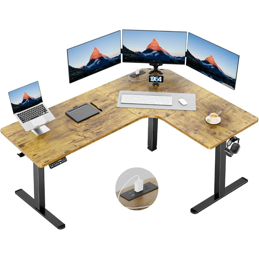 

63″ Dual Motor L-Shaped Standing Desk, Built-in Power Outlets, Electric Height Adjustable Corner Computer Desk