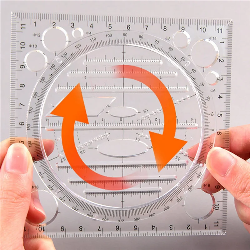 Compact 2X Multifunctional Circle Drawing Template, Geometric Drawing Tool, Measuring Ruler, Rotatable Angle