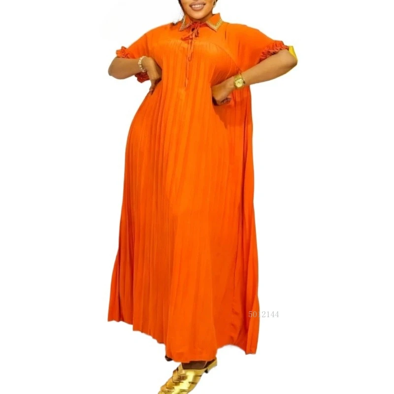 

Elegant Orange Pleated Loose Dresses Turn Down Rhinestone Collar Ruffle Short Sleeve Party Church Evening Occasions Casual Gowns