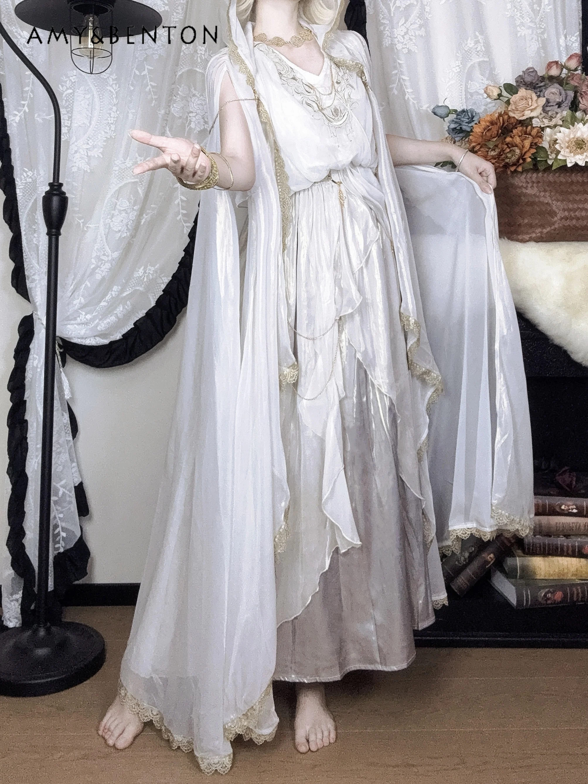 

Лето 2022, новое платье средней длины в греческом стиле «Ангел Лолита», шифоновое платье средней длины с золотой фольгой, белая длинная накидка, комплект из двух предметов