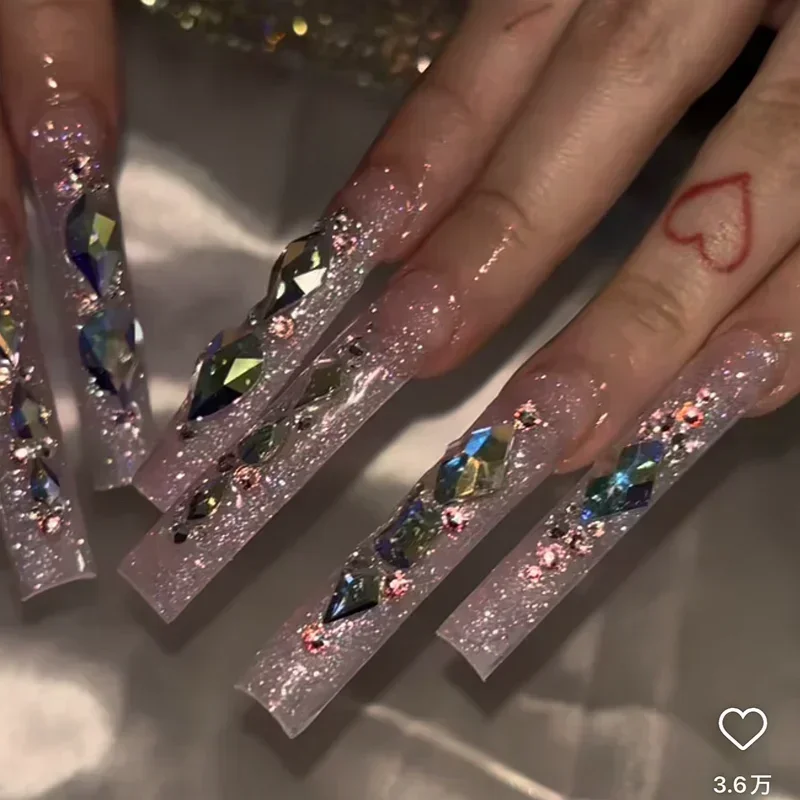 Benutzerdefinierte Bling Champagner Farbe Strass XXXL lange quadratische Sarg Press On Nails handgemachte falsche Nagelspitzen wiederverwendbare gefälschte Nagelparty