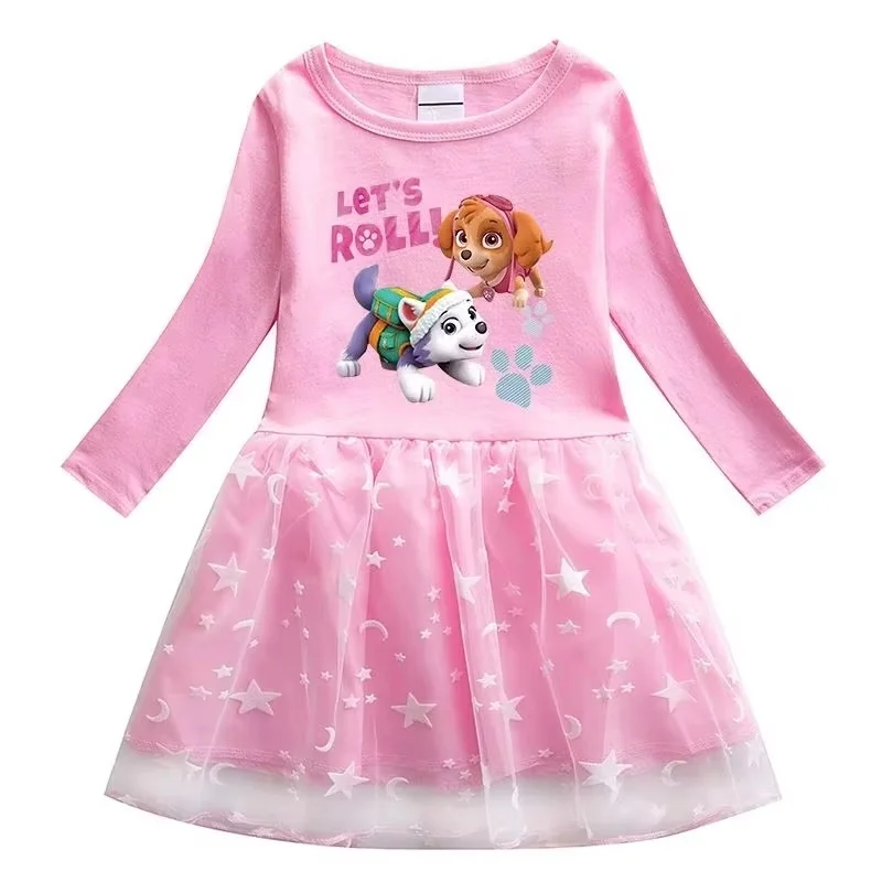 

New Paw Patrols Girl Party Dress Kawaii Anime Figure Everest Skye Cosplay Cartoon Mesh Long-Sleeved Princess Dress Girls Clothes