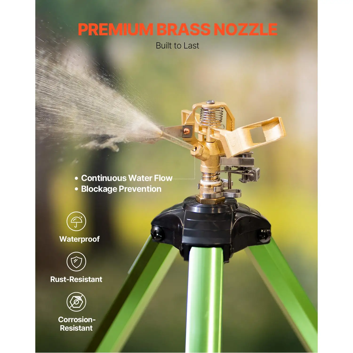 Heavy Duty Impact Sprinkler on Tripod Base with Brass Head 3/4 Inch Connector 360 Degree Large Area Coverage Adjustable Height Irrigation Sprinkler for yard Lawn Garden