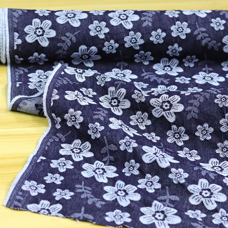 Fragmented Flowers Jacquard Washed Denim Fabric Thick for Clothing Bag Coat Dress Designer Diy Sewing Material Wholesale Cloth