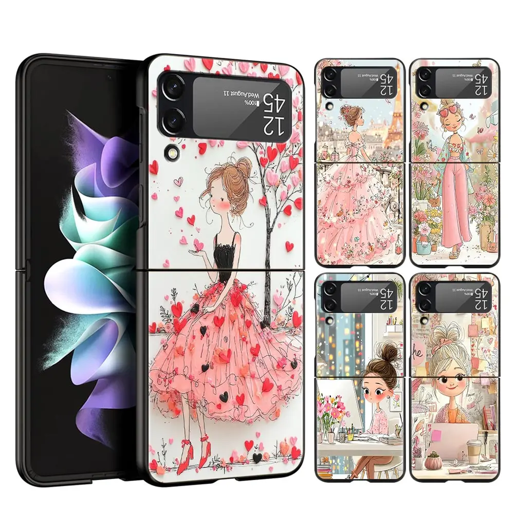Cartoon Girl Hard PC Phone Case For Samsung Galaxy Z Flip 7 6 5 4 Black Cover For Galaxy Z Flip 3 Foldable Fundas Shell Capa Bag