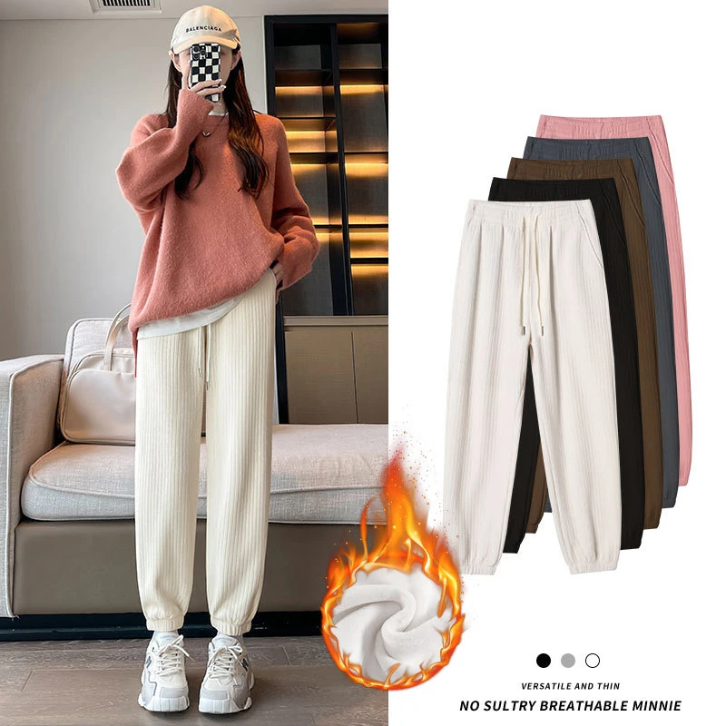 2023 Winter Chenille Elastic Waist Loose Trousers Casual Corduroy Solid Pockets All-match Plush and Thicken Corset Sports Pants