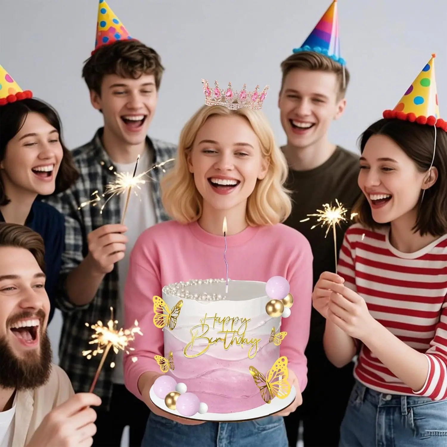 Kronen-Kuchenaufsatz, Kugeln, alles Gute zum Geburtstag, Kuchenaufsätze mit Kerzen, goldene Schmetterlinge, Kuchendekorationen für Hochzeit, Babyparty, Party – Detail 5