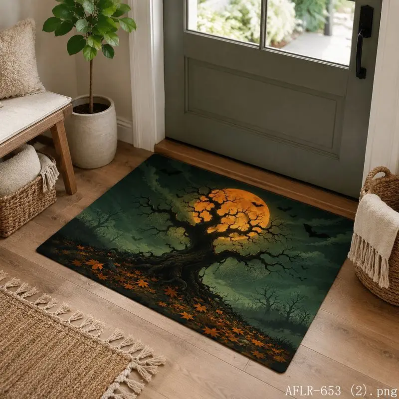VIKAMA Halloween Withered Tree Full Moon Doormat Gothic Style Carpet Anti Slip Entrance Mat Entrance Doormat Home Decoration