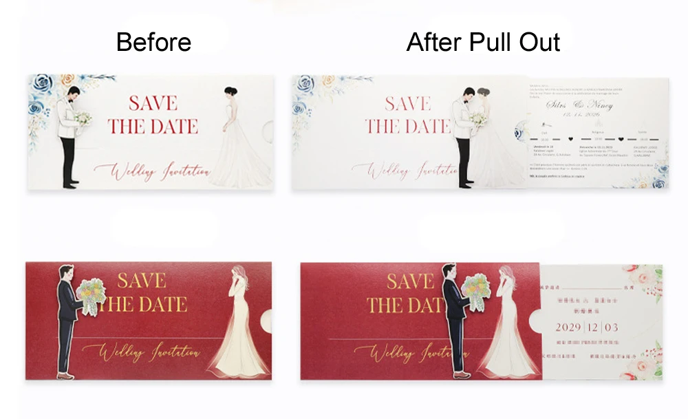 50 Sets Pull Out Wedding Invitation Card Customize Printed New Design Engagement Anniversary Pocket Pullout Invites IC166