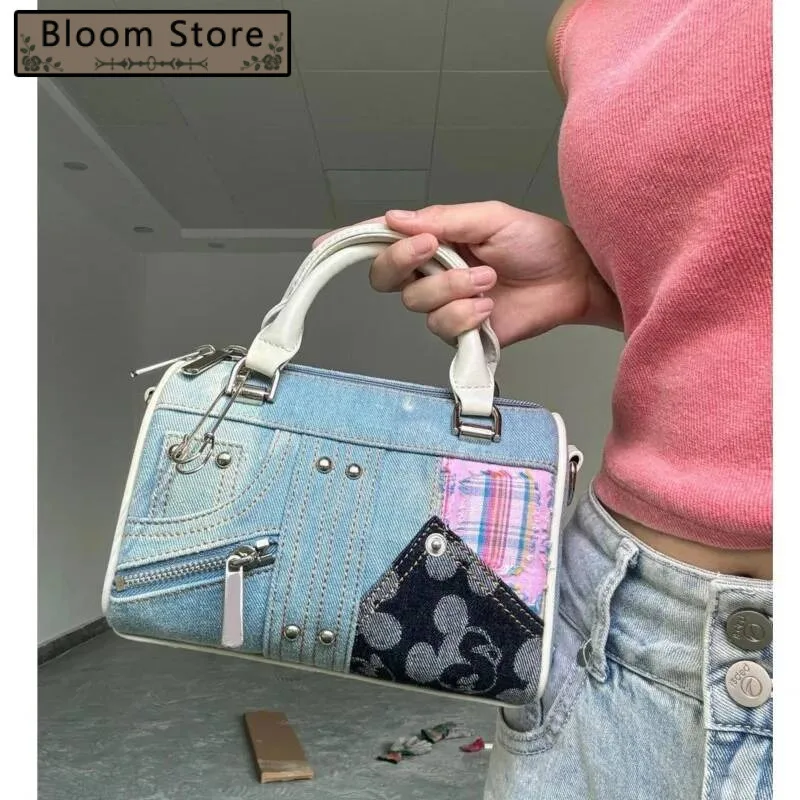 

Bloom Retro Denim Messenger Purse Women Vintage Patchwork Handle Y2k Bowling Bag Ladies Hot Girls Crossbody Hand Bags New