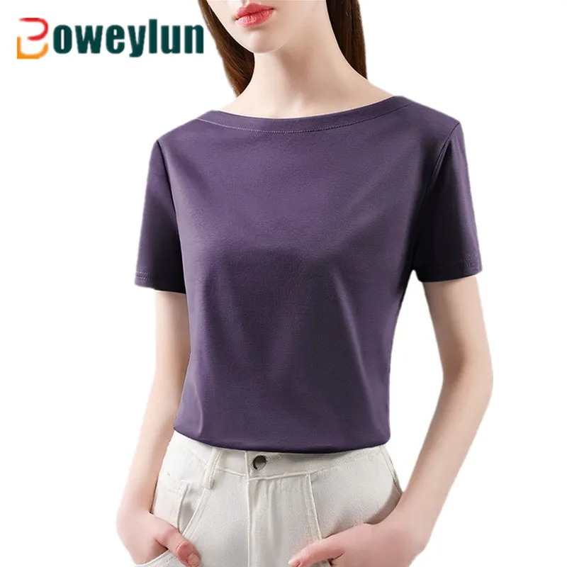 

Boweylun New Mercerized Cotton Sshort-Sleeved T-shirt Women's Summer Skin-Friendly Breathable One-Shoulder Iice Female Tops