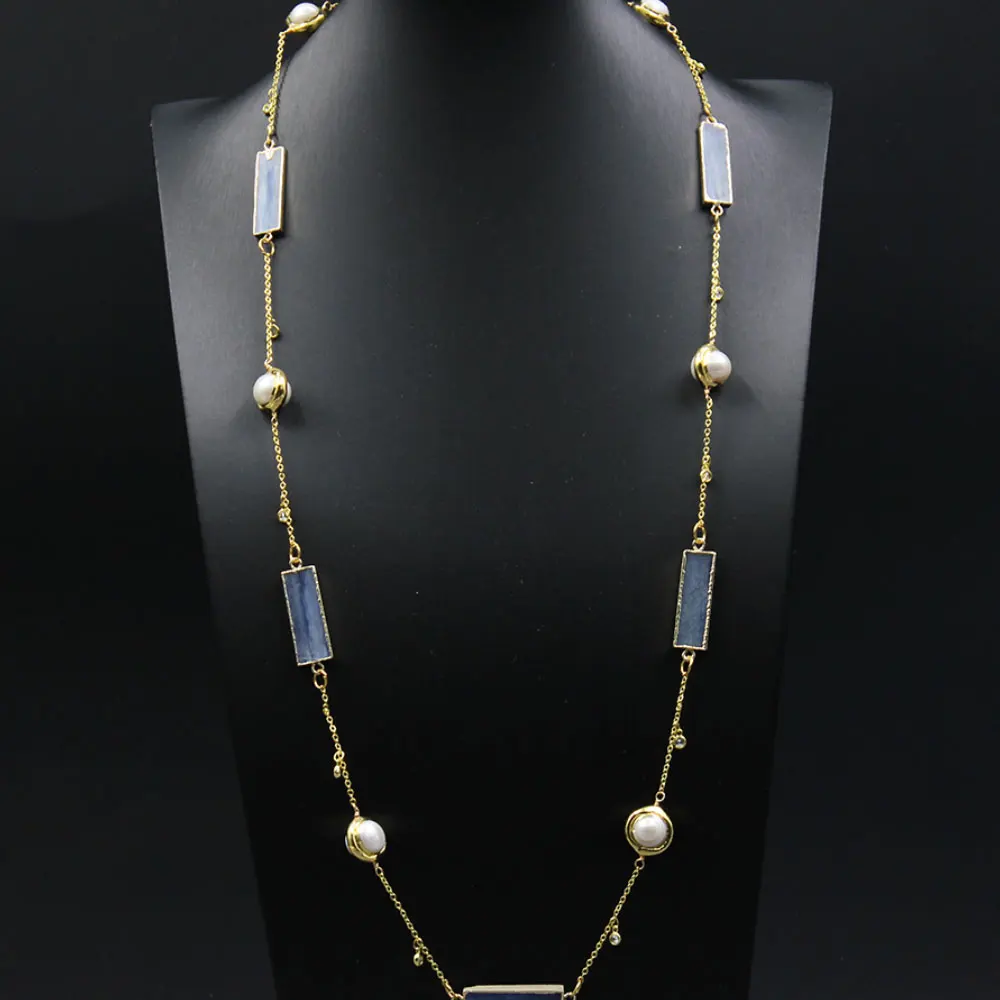 

G-G Freshwater Natural White Pearl Natural Blue Kyanites Stone Connector Chain Long Necklace Sweater chain For Lady