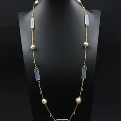 G-G Freshwater Natural White Pearl Natural Blue Kyanites Stone Connector Chain Long Necklace Sweater chain For Lady