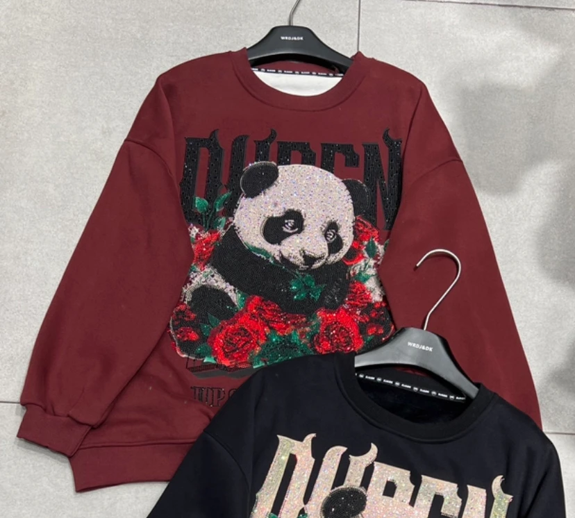 Industria pesante Punte diamantate in pile ispessito Sudaderas Donna Simpatico cartone animato Panda Girocollo Felpa ampia media e lunga