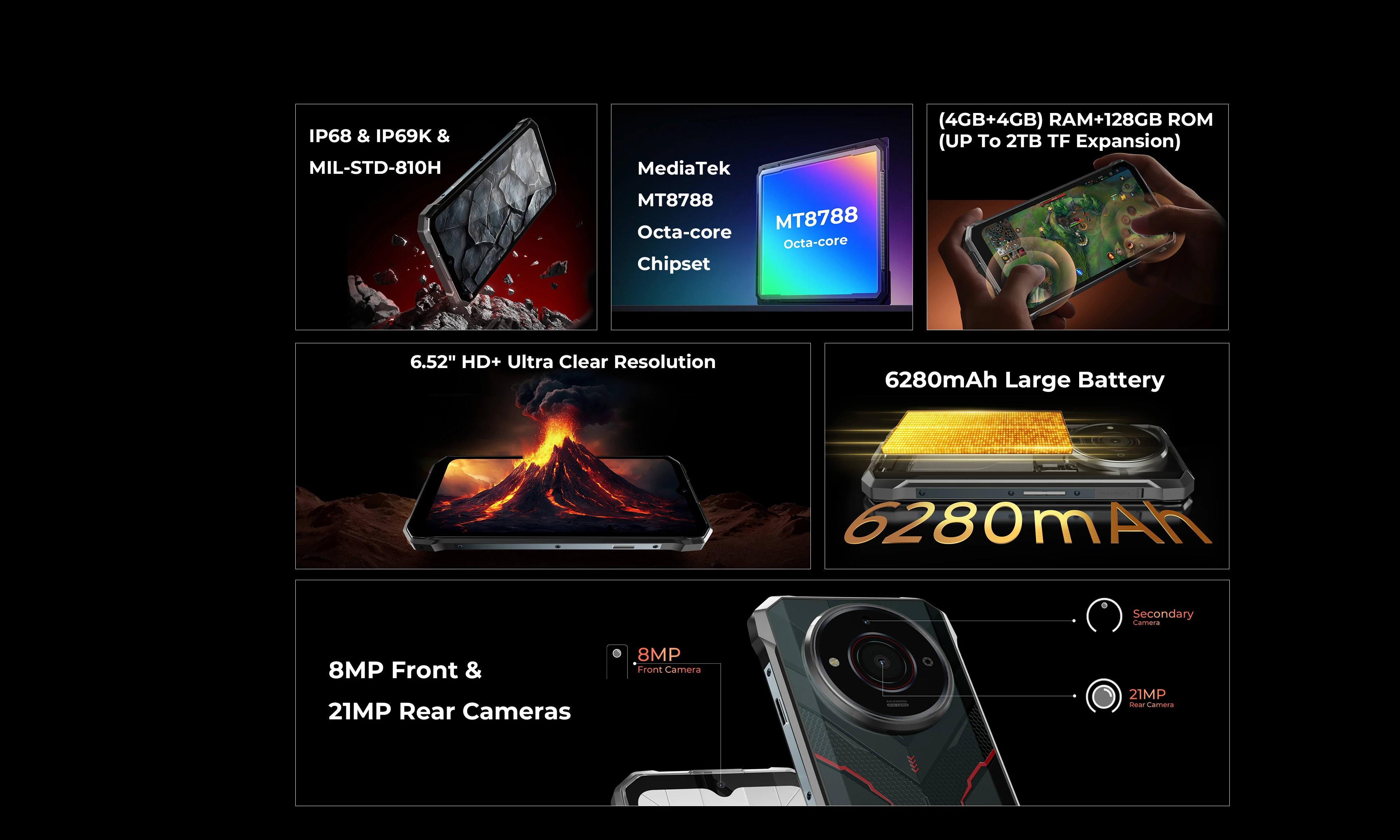HOTWAV T7S Rugged Smartphone Ultra Thin 6280mAh Battery Mobile Phone 6.52'' HD+ 4GB RAM 128GB ROM 21MP Android 13 Cellphone