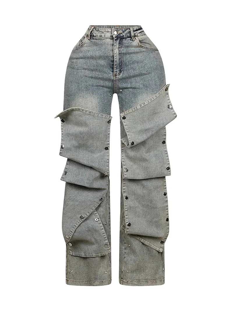 Women\'s workwear detachable concealed button straight leg wide leg jeans fashionable street INS design high waisted pants