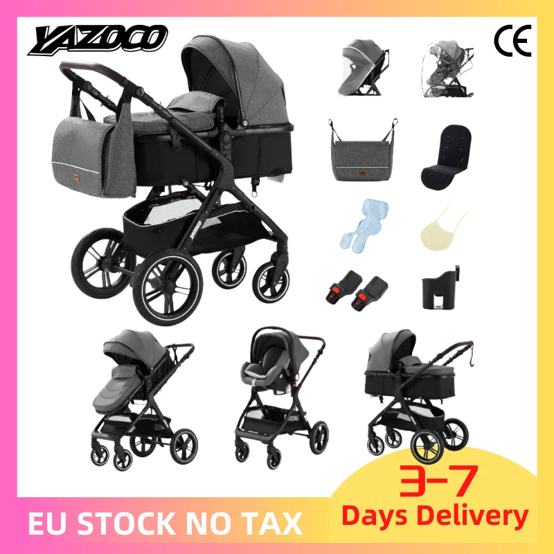 Poussette 3-en-1 pour bébé, poignée réversible, pliage en une seule étape, cadre en aluminium, ensem
