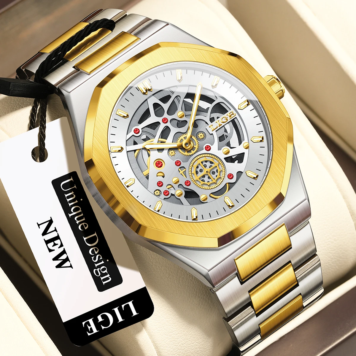 LIGE Luxury Mens Watches Skeleton Automatic Watch Design Dial Quartz Wristwatches Waterproof Luminous Steel Strap Watch for Man