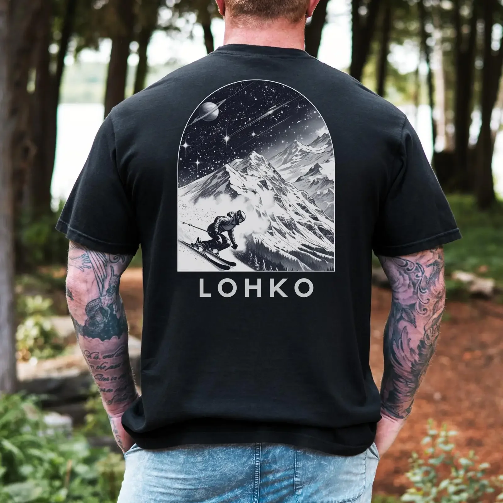 LOHKO Cosmic Mountain Skiing T shirt Winter Snow Sports for Skiers Ski Lovers vintage Washed Slightly Versatile Stretched
