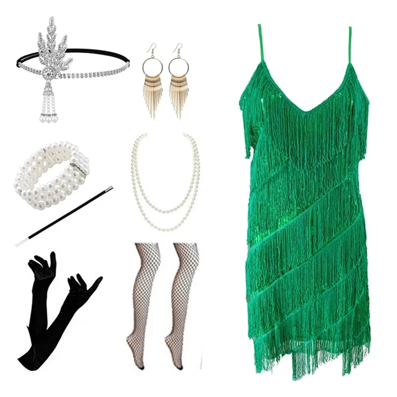 

Adult 1920s Fringe Dress Pearl Bracelet Necklace Diamond Headband Tassel Earrings Fishnet Stockings Gloves Cigarette Holder Set