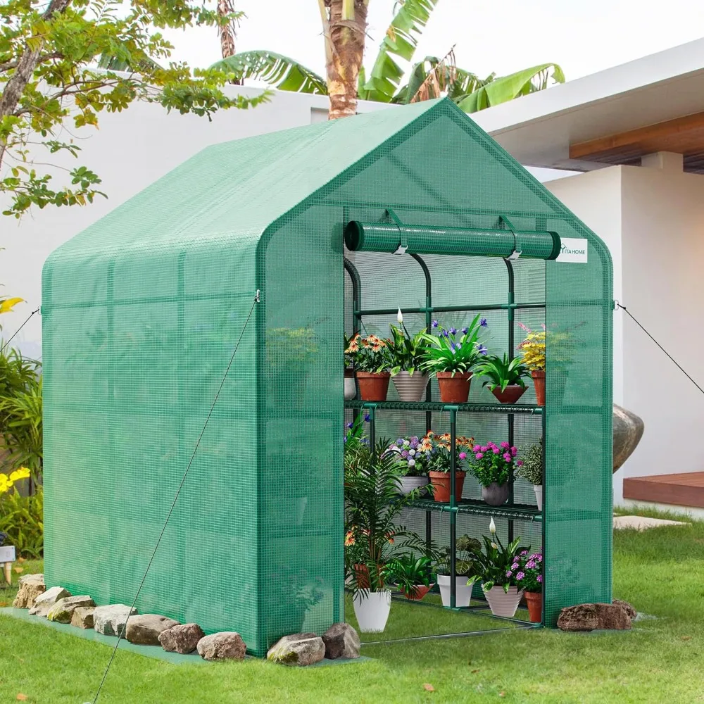 

84x76x56in Greenhouse Walk-in Outdoor 3 Tier 12 Shelves PE Cover Zipper Door Green House Anti Tear Plant Cover Groun