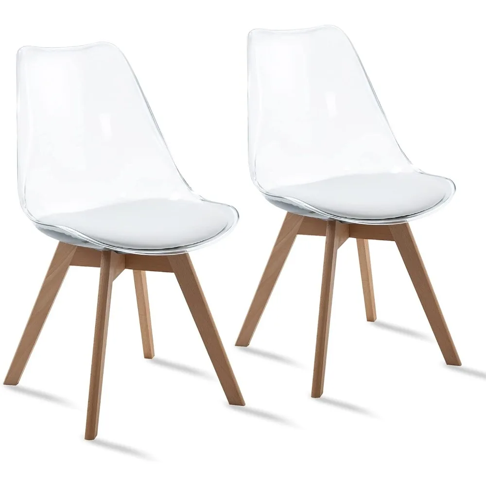 Juego de 2 sillas de comedor, sillas de comedor con acento acrílico transparente de cocina moderna con cojines de cuero PU y asiento de haya maciza Le