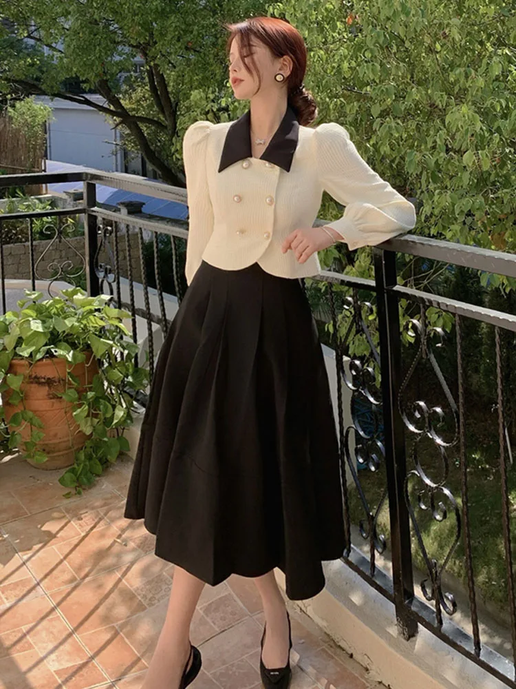 2023 Spring Elegant Two Piece Set Women Casual Slim Korean Coat + Black Pleated Gothic Vintage Midi Skirt Office Lady Skirt Srts