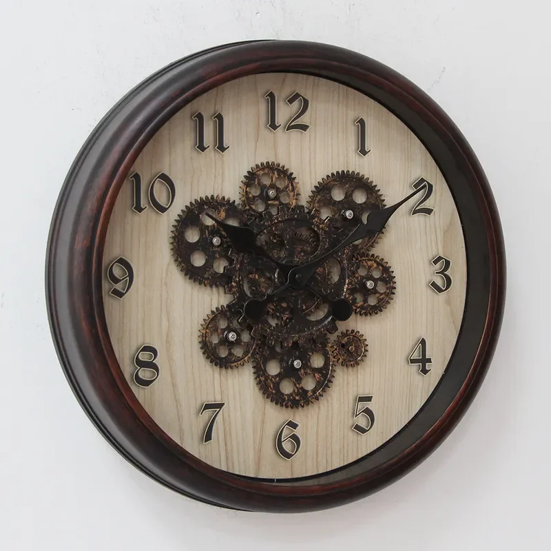 Creative Dynamic Gear Wall Clock 16 Inch Nordic Retro Wood Grain Modern American Style Living Room Home Decor Silent Quartz
