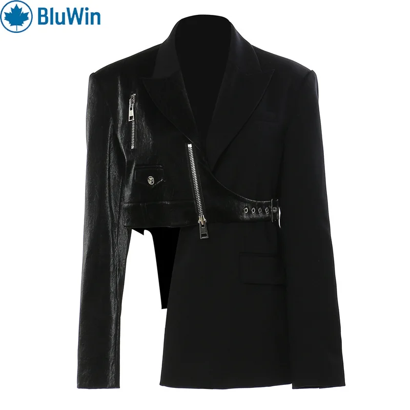 BluWin モト風アシンメトリーブレザー – 女性向けストリートスタイルのアンドロギナス仕立てジャケット