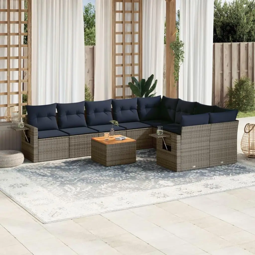 

10 Piece Gray Poly Rattan Patio Sofa Set with Cushions Garden Outdoor Furniture