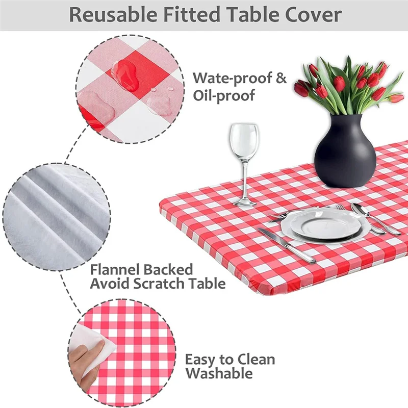 

A71Z 3 Pcs Fitted Tablecloth for Table,Stretch Waterproof Elastic Vinyl Picnic Table Cover with Flannel Backed Lining(Red)