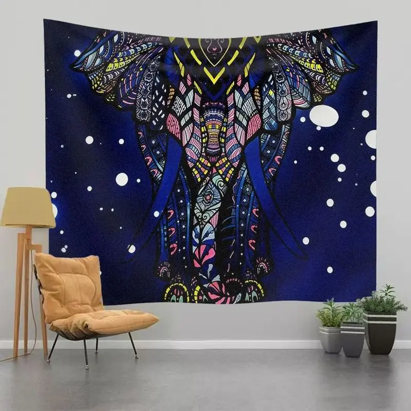 VIKAMA Line Drawing Flower Elephant Tapestry - Purple Solid Boho Spiritual Wall Hanging