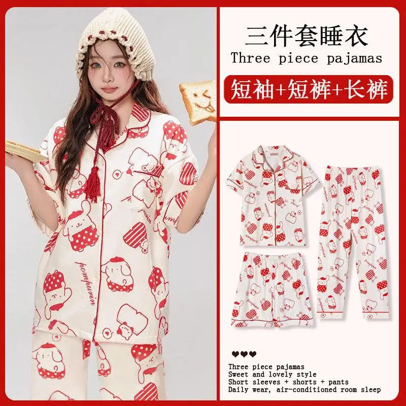 

Sanrio Kit Girl Сексуальная футболка Брюки Пижамный костюм Kawaii Pompom Purins Аниме Модные летние шорты Одежда для отдыха Костюм-тройка
