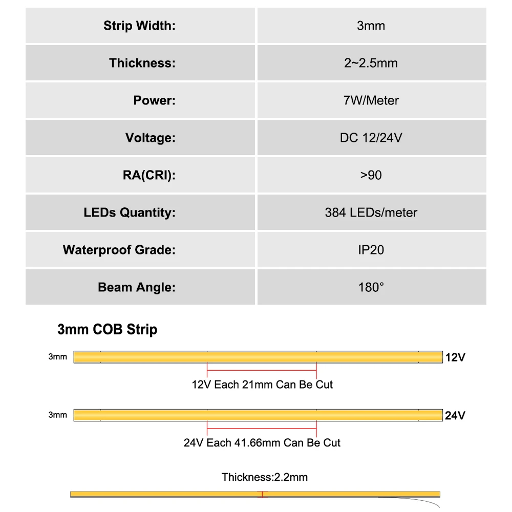 COB LED şerit ışık 12V 24V 3mm PCB LED şerit 384Leds/m buz mavi/mavi/yeşil/kırmızı/sarı/3000K/4000K/6000K COB LED bant dekor