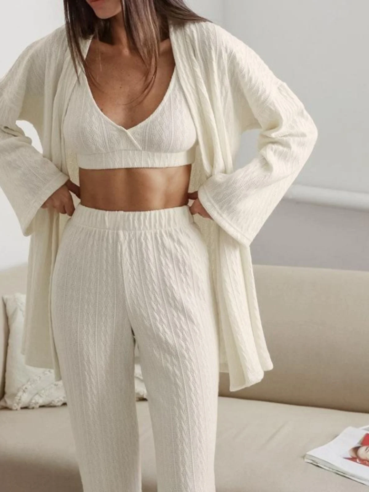 

Women's Long Sve Knitted Spwear Loose Pants Tee Piece Set Casual Home Clothes Comfortable Breathable Nightgown
