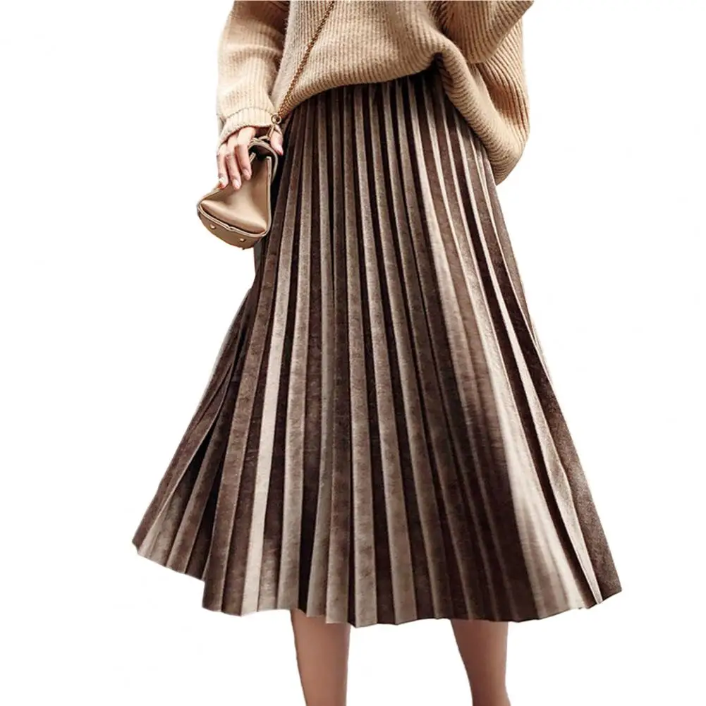 

2026 new Women Midi Skirt Elastic High Waist Solid Color Loose Fit Long Skirt Pleated Velvet Autumn Winter Skirt