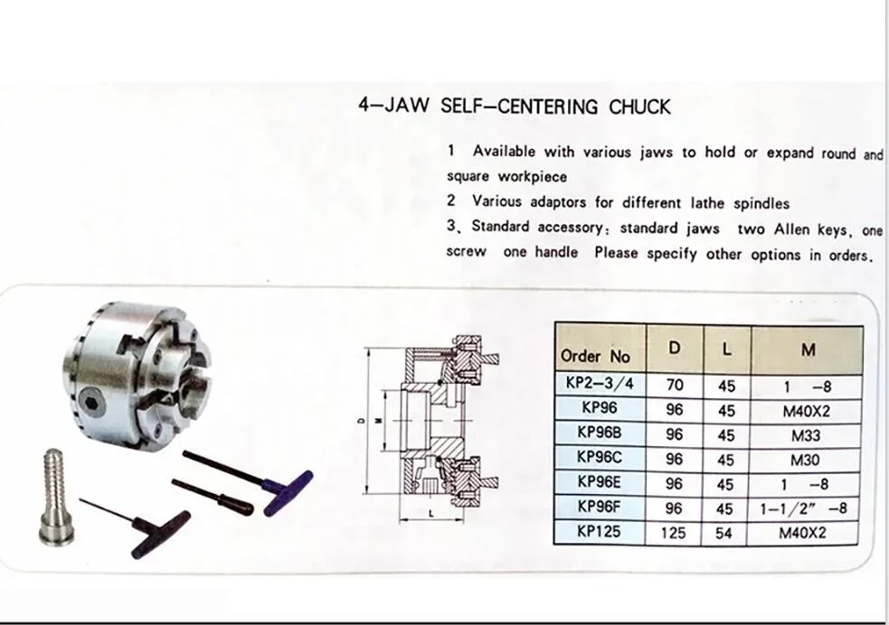 4-Jaw Self-Centering Chuck For Wood Lathe High Precision Woodworking Chuck 4 Inch 100MM Thread M33*3.5 Clamping 8-60MM