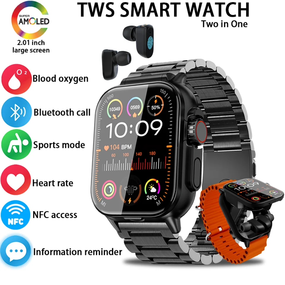 New Smart Watch Men 2-in-1 With Earbuds Heart Rate GPS Track Monitor Play Music Sport Fitness TWS Bluetooth Earphone Smartwatch