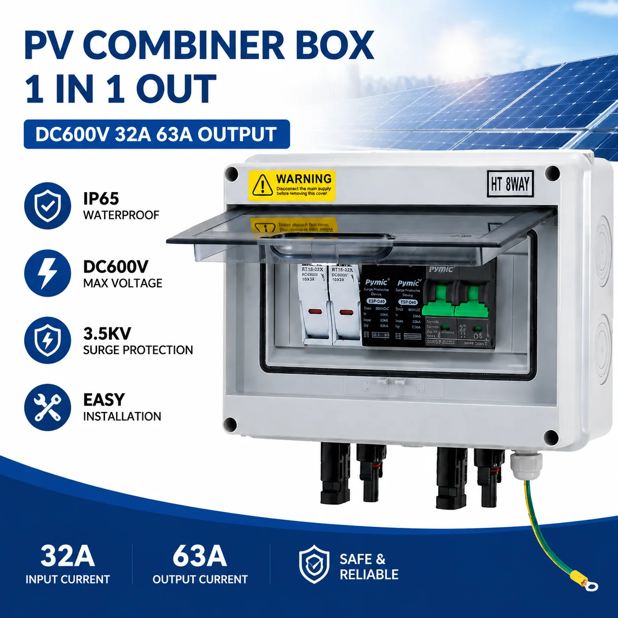 DC600V Solar PV Combiner Box 1 In 1 Out IP65 Waterproof Solar Junction Box with 32A Fuse SPD Lightning Protection for Inverter