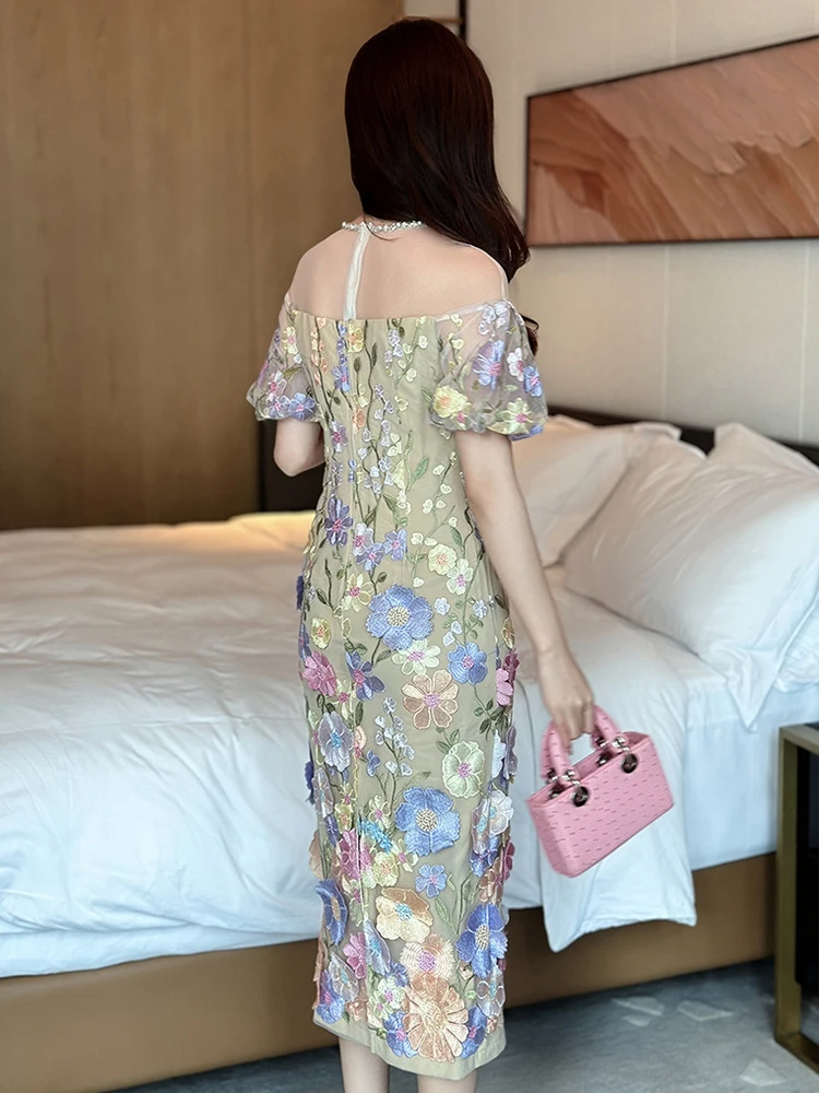 여성 의류 달콤한 꽃 자수 섹시 오프숄더 슬림 이브닝 드레스 우아한 여성 패션 파티 프롬 생일 드레스