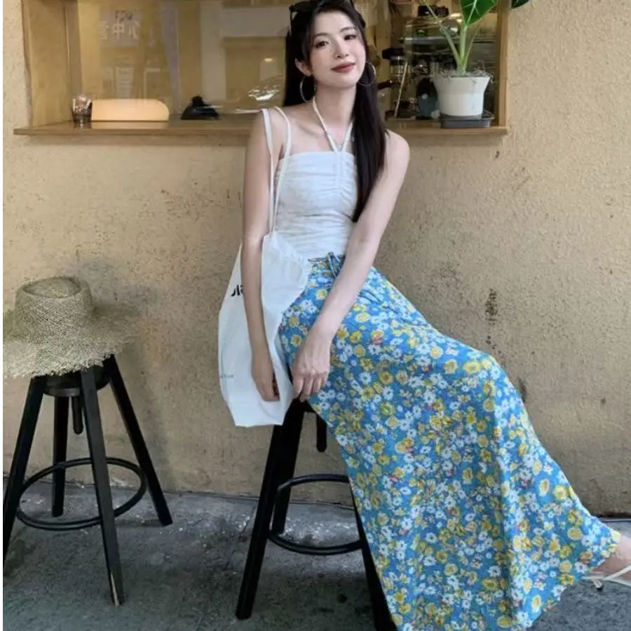 

Dopamine Holiday Island Style Set Drawstring Halter Top Women's Floral Half Skirt Two-Piece Set Skirt Casual Summer Fashion