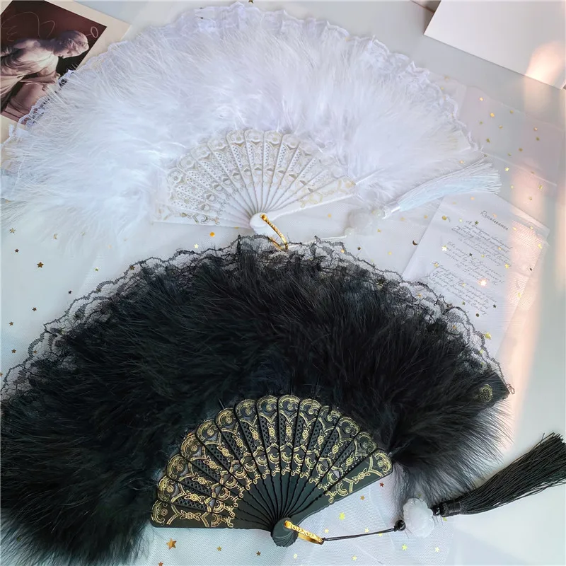 Feather Lace Folding Fan Fluffy Wedding bride Handheld Feather Fans Hellow Fanbone Lolita Fairy Girl Dance Performance Props