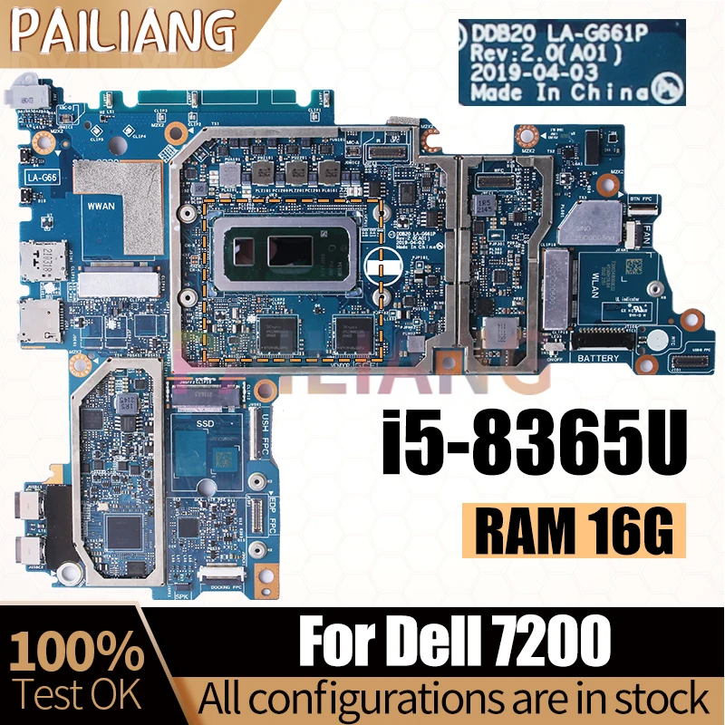 For Dell 7200 Notebook Mainboard DDB20 LA-G661P i5-8365U i7-8665U RAM 16G 0TJFG7 Laptop Motherboard Full Tested