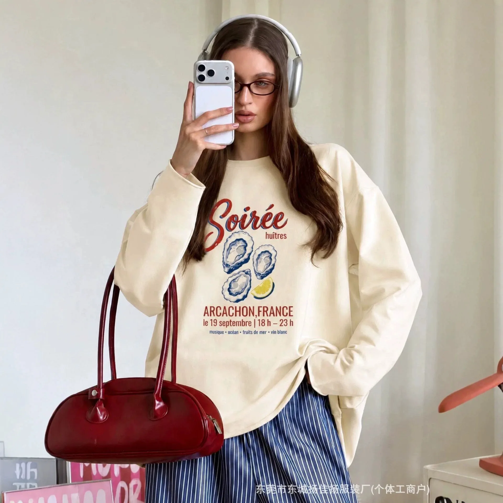 Sweet Vintage French Coastal Aesthetic Women Cotton Long Sleeve T‑Shirt Oyster Seafood Lemon Print Crew Neck Loose Casual Top