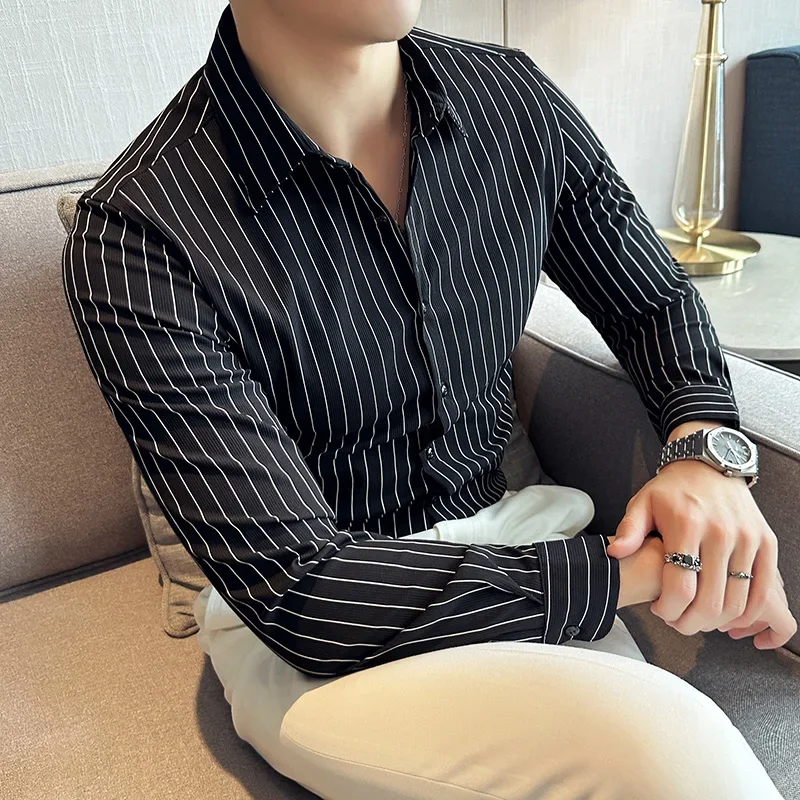 

Summer Striped Business Formal Shirts Men Long Sleeved Slim Fit Casual Shirt Office Social Streetwear Shirts Men Clothing