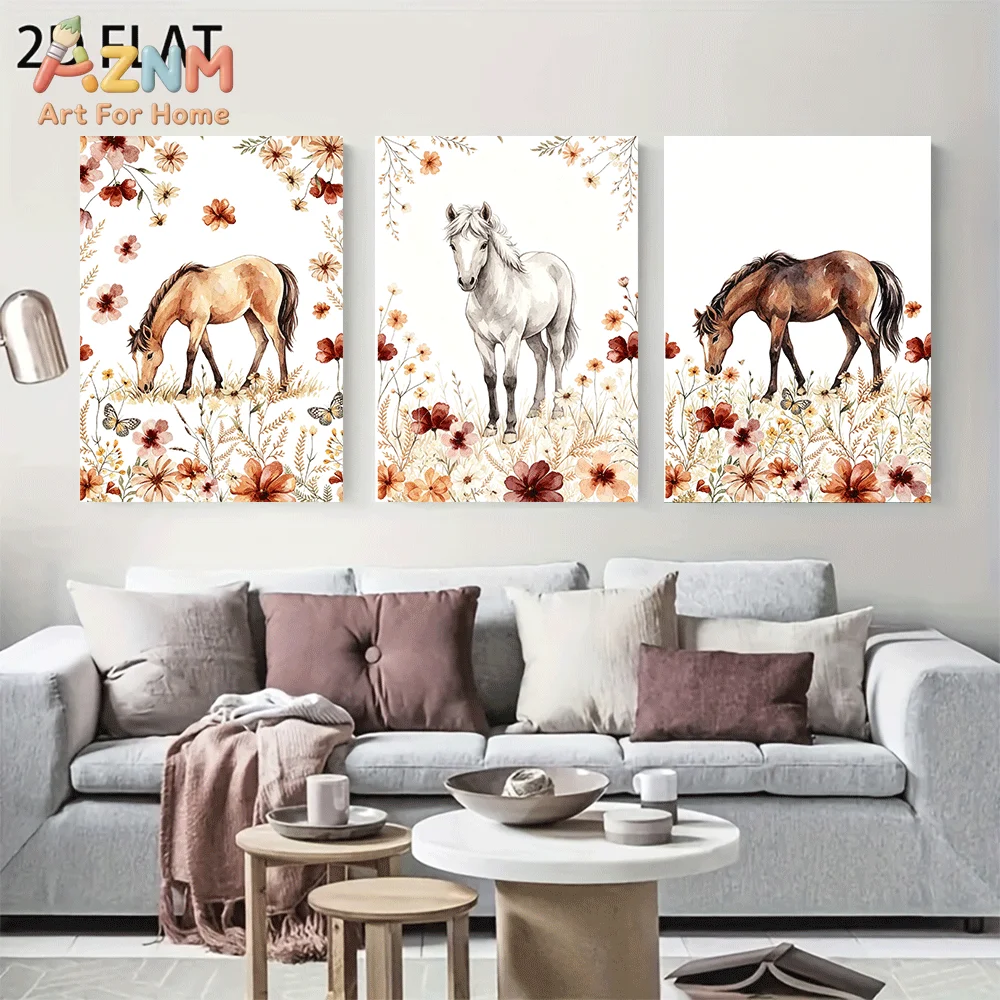 AZNM 3Pcs Neutral Oranga White Pumpkin CanvasAZNM Frameless Canvas Wall Art, Watercolor Wildflower Horse Print, Floral Meadow Ho